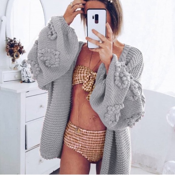 Sweaters - 040 Cozy Blue Heart Pom Open Front Cardigan